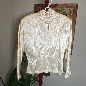 VTG  1986 Mercedes & Adrienne Beaded Silk Blouse Ivory Satin Applique Top Sz 8